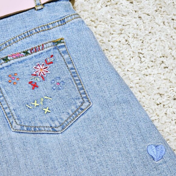 Skirt. Denim Pink Yellow Multi Tiered Floral Pattern. Upcycled Girls Size 10 GUC - Picture 15 of 16